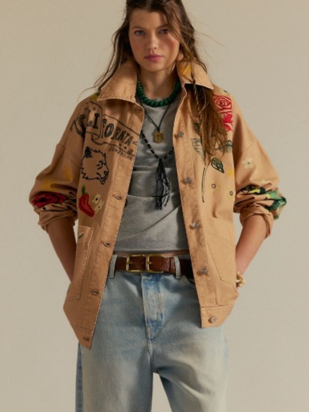 We The Free Tan Utility Jacket with Multicolor Embroidery